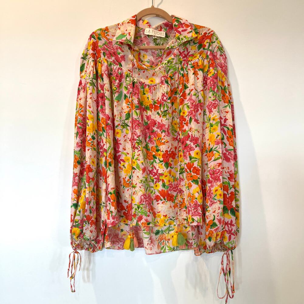 La Fuori 100% silk peasant ballon sleeve blouse large floral boho whimsical